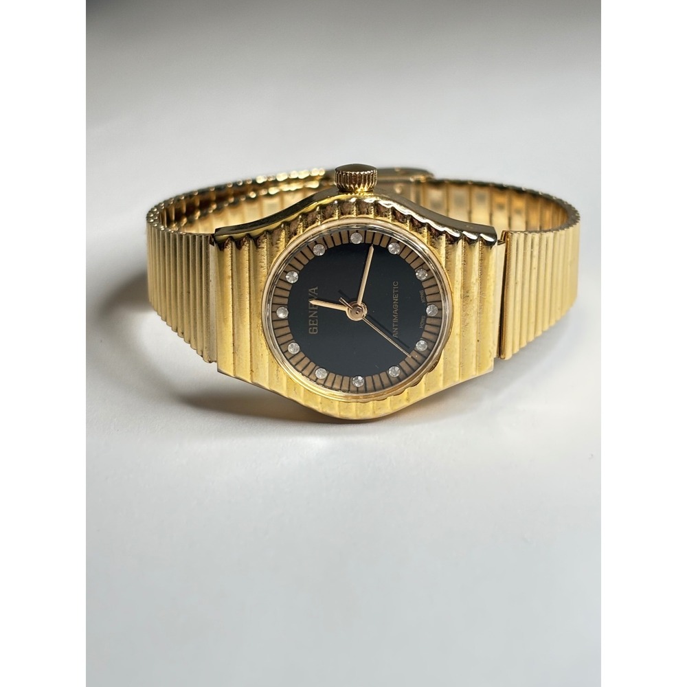 Geneva Gold Tone Antimagnetic Watch Black Dial Crystal Markers Needs battery